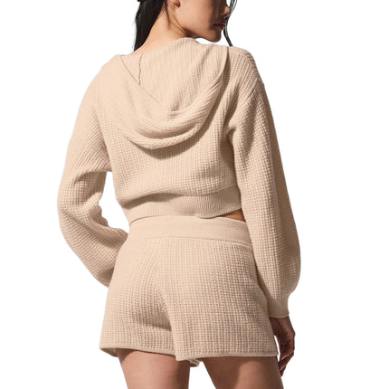 alo Women's Cashmere Plush Waffle Full Zip Hoodie Macadamia Blush