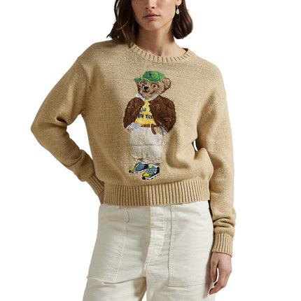Polo Ralph Lauren Women's Polo Bear Cotton Crewneck Sweater Tan Multi