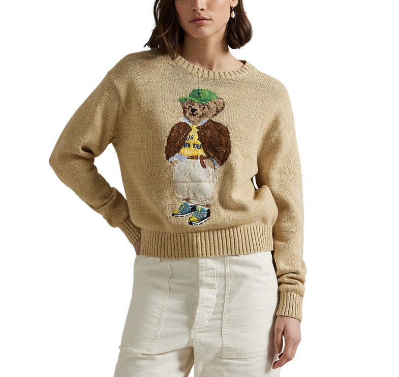 Polo Ralph Lauren Women's Polo Bear Cotton Crewneck Sweater Tan Multi