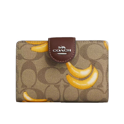 Coach Women's Medium Corner Zip Wallet In Signature Canvas With Banana Print Silver/Khaki/Dark Saddle