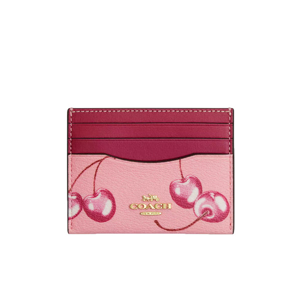 Coach Women's Slim Id Card Case With Cherry Print Gold/Flower Pink/Bright Violet