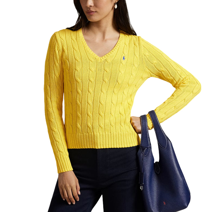 Polo Ralph Lauren Women's Cable-Knit Cotton V-Neck Sweater Trainer Yellow