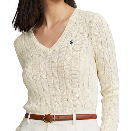 Polo Ralph Lauren Women's Cable-Knit Cotton V-Neck Sweater Cream