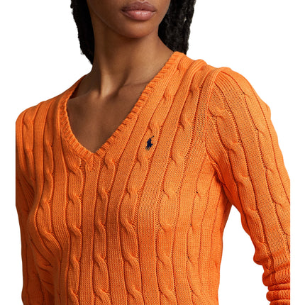 Polo Ralph Lauren Women's Cable-Knit Cotton V-Neck Sweater Sun Orange