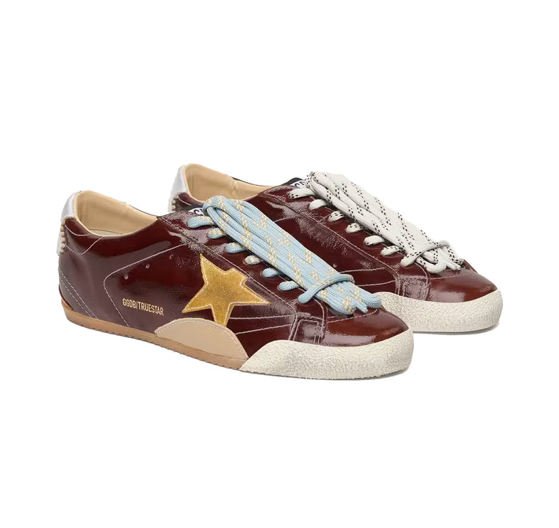 Golden Goose Women's True Star in Burgundy Naplak with Suede Star and Silver Nappa Heel Tab