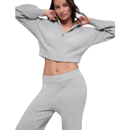 alo Women's Cashmere Plush Waffle Full Zip Hoodie Athletic Heather Grey