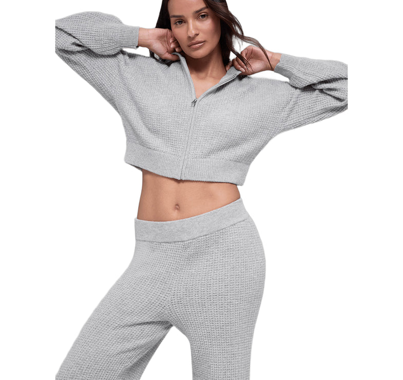 alo Women's Cashmere Plush Waffle Full Zip Hoodie Athletic Heather Grey