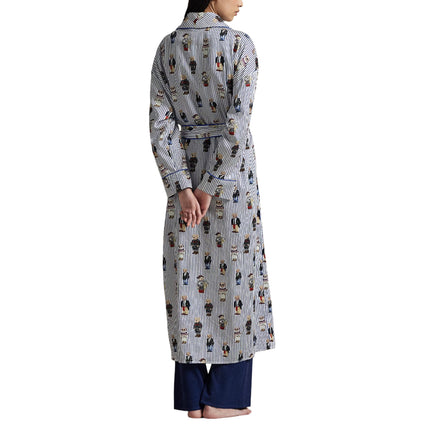 Polo Ralph Lauren Women's Striped Polo Bear Cotton Sateen Robe Snowfall Blue