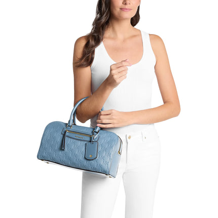 Michael Kors Women's Jet Set Travel Medium Logo Embossed Leather Duffel Crossbody Bag Chambray