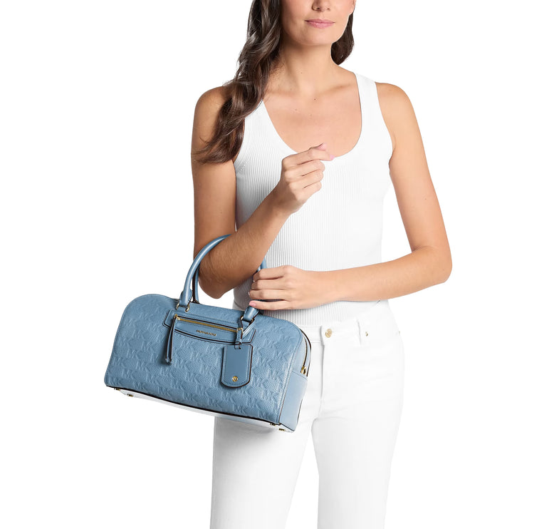 Michael Kors Women's Jet Set Travel Medium Logo Embossed Leather Duffel Crossbody Bag Chambray