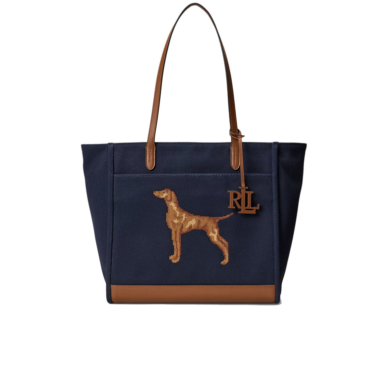 Polo Ralph Lauren Women's Dog-Embroidered Large Cameryn Tote Bag Lauren Navy/Lauren Tan