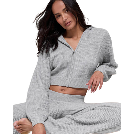 alo Women's Cashmere Plush Waffle Full Zip Hoodie Athletic Heather Grey