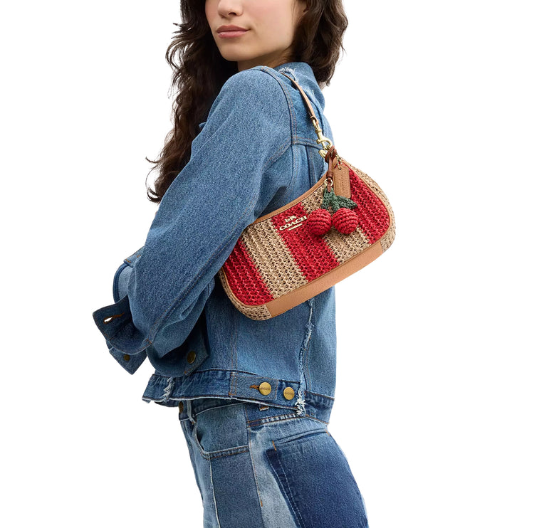 Coach Women's Teri Shoulder Bag With Stripes And Charm Gold/Red/Tan