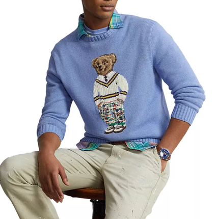 Polo Ralph Lauren Men's Preppy Summer Bear Sweater Blue- Hızlı Teslimat