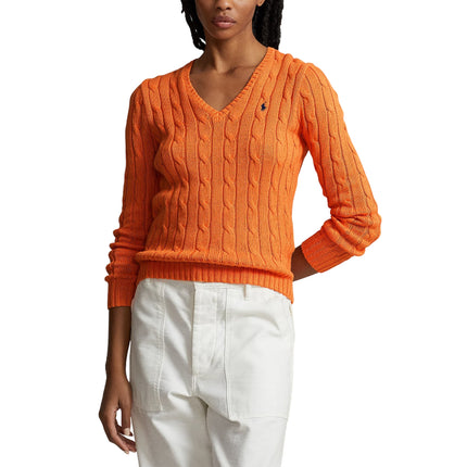 Polo Ralph Lauren Women's Cable-Knit Cotton V-Neck Sweater Sun Orange