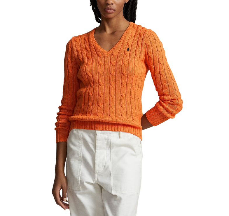 Polo Ralph Lauren Women's Cable-Knit Cotton V-Neck Sweater Sun Orange