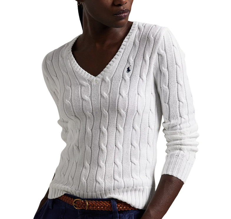 Polo Ralph Lauren Women's Cable-Knit Cotton V-Neck Sweater White