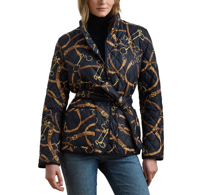 Polo Ralph Lauren Women's Belting-Print Quilted Mockneck Jacket Dark Navy