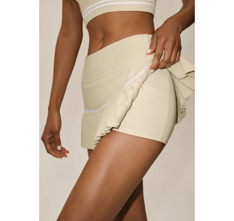 alo Women's Cotton Cashmere High-Waist My Serve Tennis Skirt Sandy Beige/White