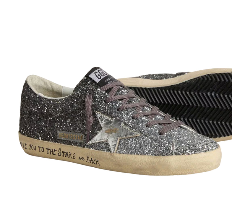 Golden Goose Women's Super Star with Glitter Upper and Silver Metallic Leather Star
