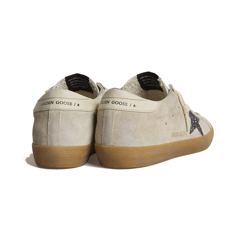 Golden Goose Women's Super Star in Ice Gray Suede with Silver Glitter Star and Leather Heel Tab