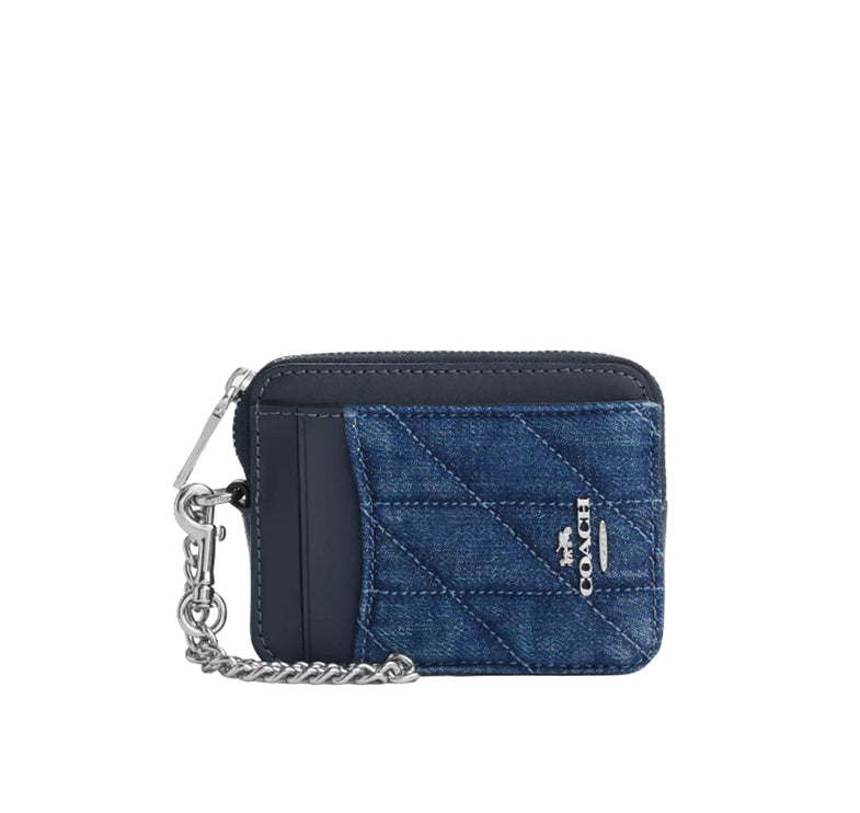 Coach Women's Zip Card Case With Quilting Silver/Denim