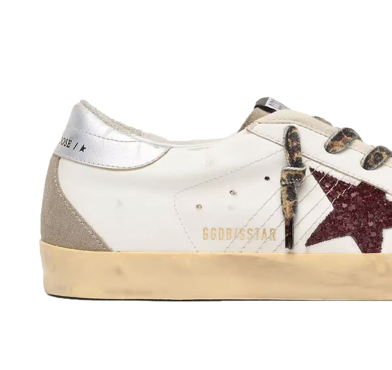 Golden Goose Women's Super Star with Burgundy Glitter Star and Silver Heel Tab