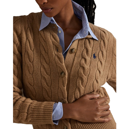 Polo Ralph Lauren Women's Cable-Knit Wool-Cashmere Cardigan Authentic Collection Camel Melange