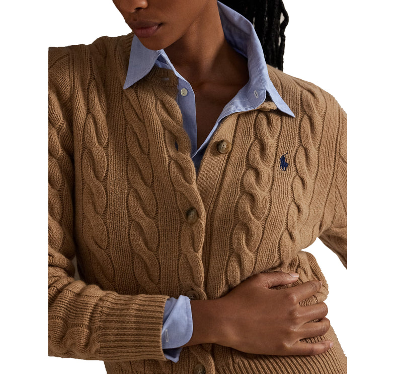 Polo Ralph Lauren Women's Cable-Knit Wool-Cashmere Cardigan Authentic Collection Camel Melange