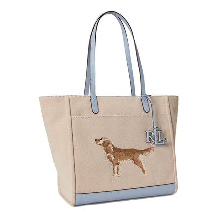 Polo Ralph Lauren Women's Dog-Embroidered Large Cameryn Tote Bag Natural/Canvas/Alpine Blue