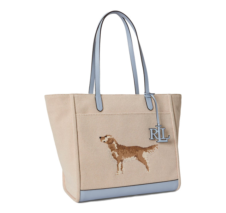 Polo Ralph Lauren Women's Dog-Embroidered Large Cameryn Tote Bag Natural/Canvas/Alpine Blue