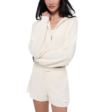 alo Women's Cashmere Plush Waffle Full Zip Hoodie Ivory