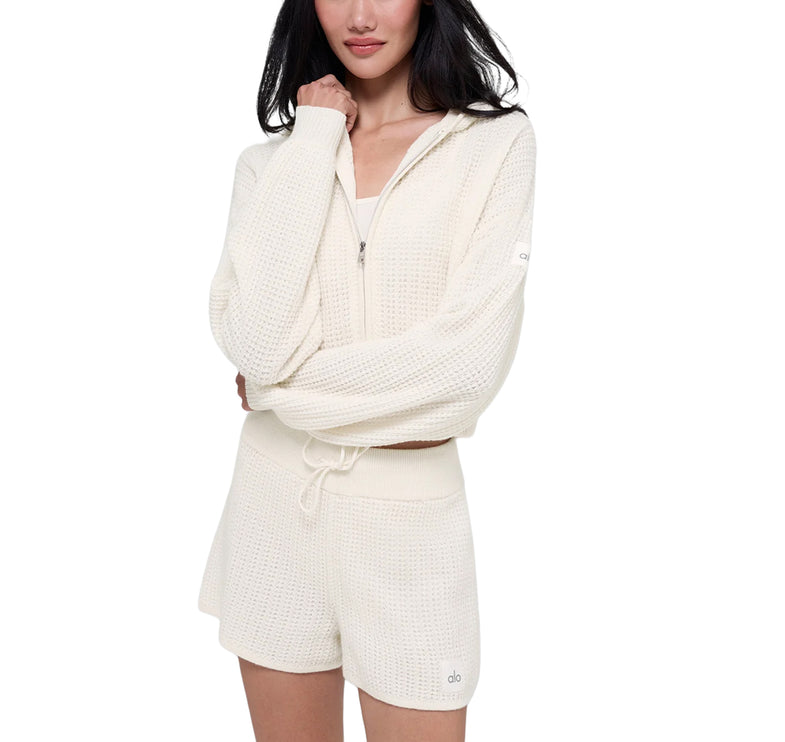 alo Women's Cashmere Plush Waffle Full Zip Hoodie Ivory