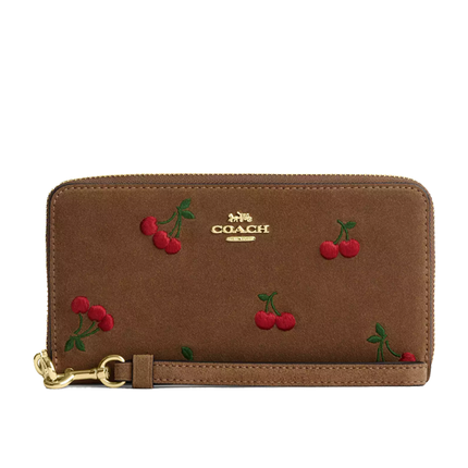 Coach Women's Long Zip Around Wallet With Cherry Embroidery Suede/Gold/Cedar Multi
