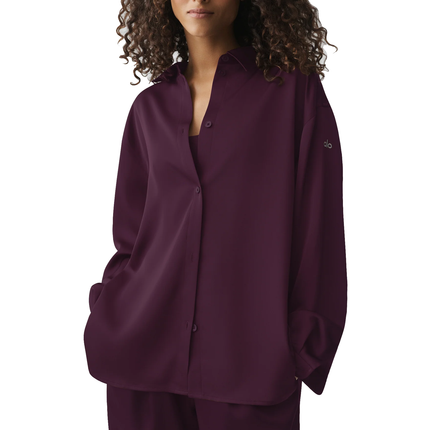 alo Women's Satin Smooth Talker Button Up Rich Bordeaux