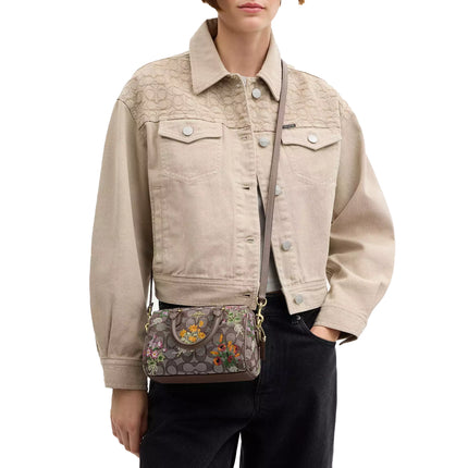 Coach Women's Mini Rowan Crossbody Bag In Signature Jacquard With Floral Embroidery Gold/Oak Multi