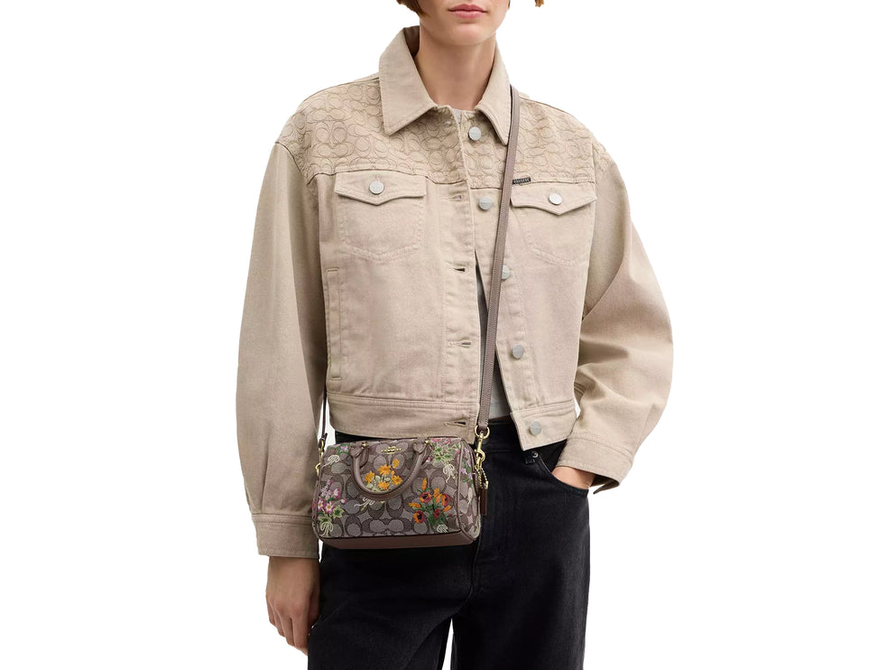 Coach Women's Mini Rowan Crossbody Bag In Signature Jacquard With Floral Embroidery Gold/Oak Multi