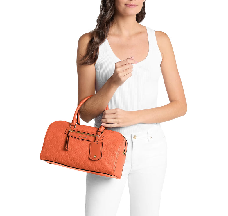 Michael Kors Women's Jet Set Travel Medium Logo Embossed Leather Duffel Crossbody Bag Mimosa