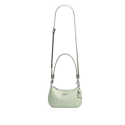 Coach Women's Teri Mini Crossbody Bag In Signature Leather With Heart Charm Silver/Green