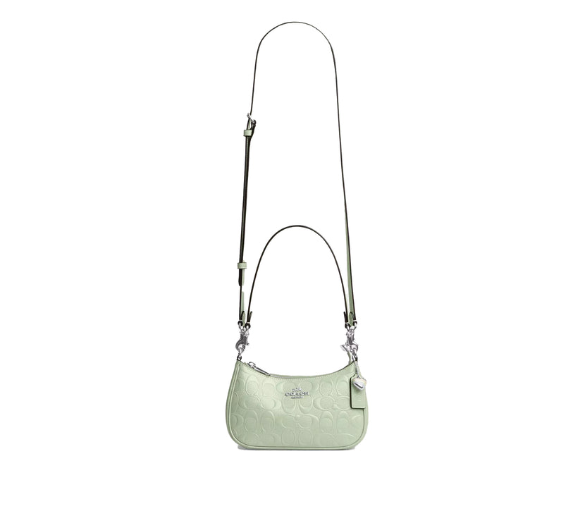 Coach Women's Teri Mini Crossbody Bag In Signature Leather With Heart Charm Silver/Green