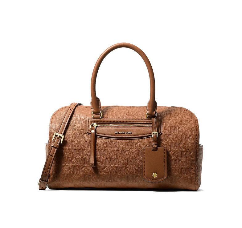 Michael Kors Women's Jet Set Travel Medium Logo Embossed Leather Duffel Crossbody Bag Luggage