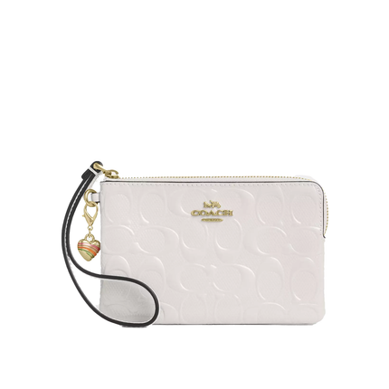 Coach Women's Corner Zip Wristlet In Signature Leather With Heart Charm Gold/Chalk