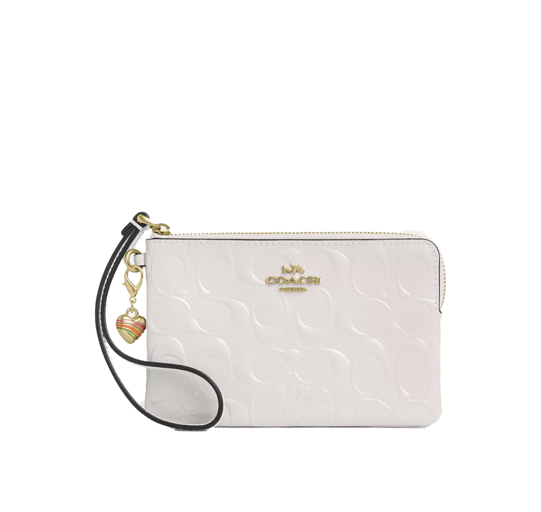 Coach Women's Corner Zip Wristlet In Signature Leather With Heart Charm Gold/Chalk