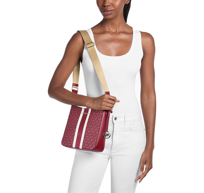 Michael Kors Women's Jet Set Small Signature Logo Stripe Crossbody Bag Cherry