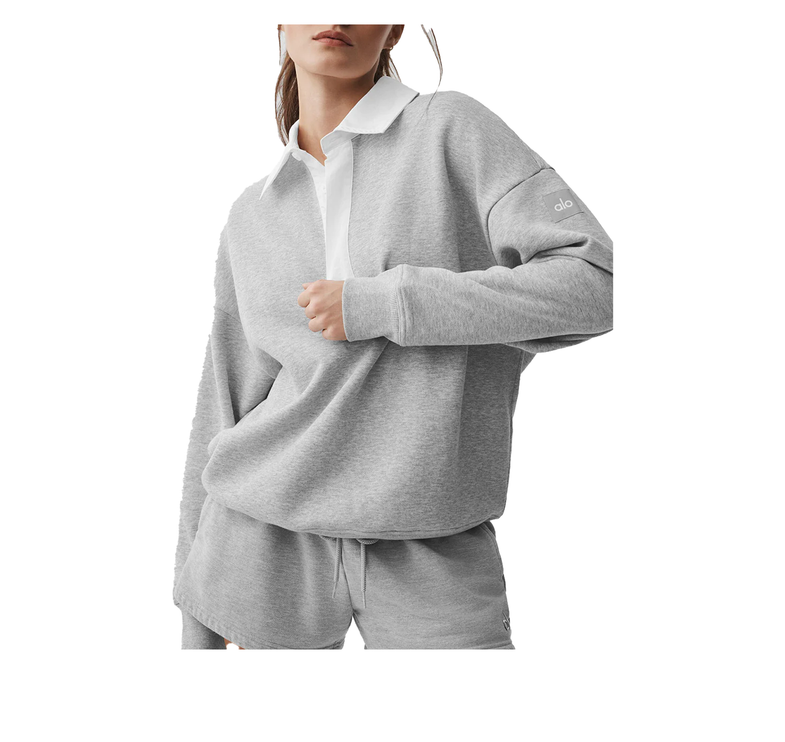 alo Women's Take It Easy Long Sleeve Henley Pullover Athletic Heather Grey/White