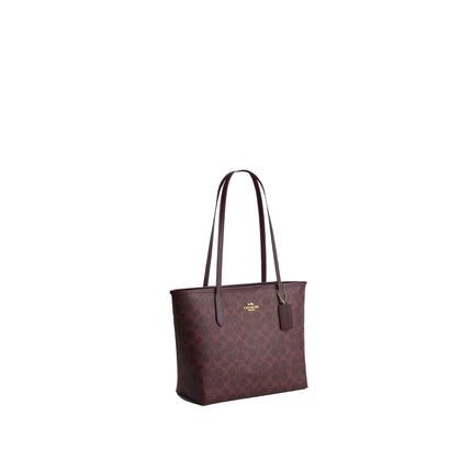 Coach Women's Medium City Tote Bag In Signature Canvas Gold/Black Currant