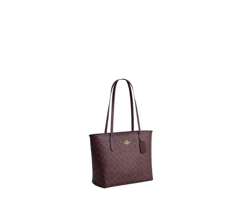 Coach Women's Medium City Tote Bag In Signature Canvas Gold/Black Currant