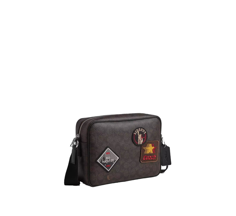 Coach Unisex Colton Crossbody Bag 25 In Signature Canvas With Patches Silver/Walnut/Black