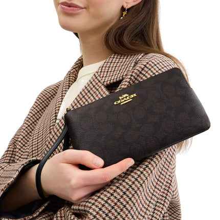 Coach Women's Large Corner Zip Wristlet In Signature Canvas Gold/Walnut/Black