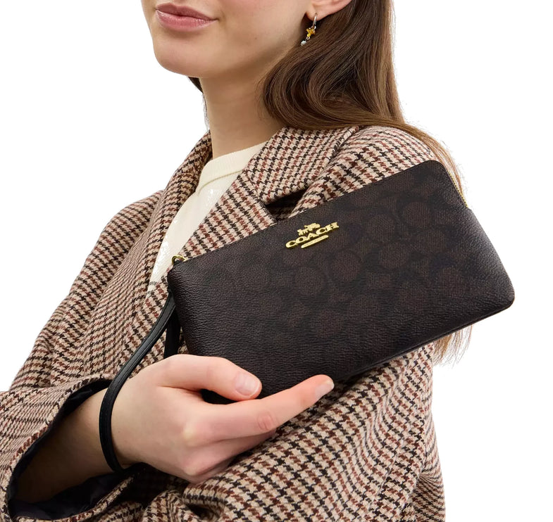 Coach Women's Large Corner Zip Wristlet In Signature Canvas Gold/Walnut/Black